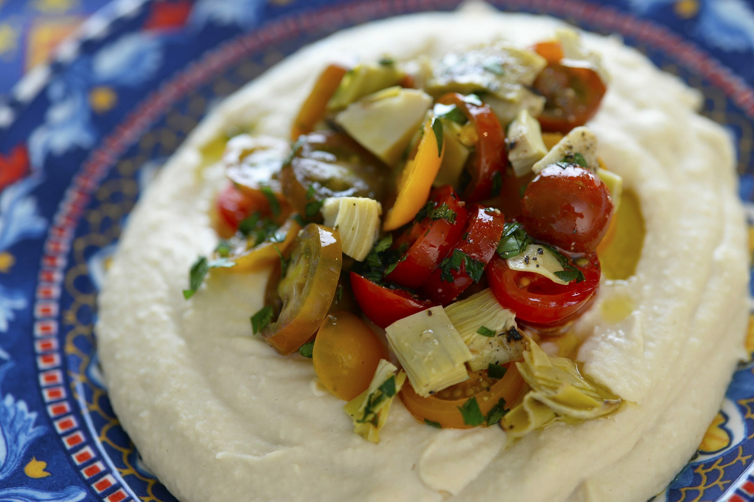 White Bean & Chickpea Hummus with Heirloom Tomatoes and Artichokes - Tanya's Kitchen